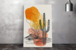 Saguaro cactus ink illustration with orange and gold watercolor washes, desert mixed-media wall art for living room