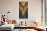 Front-facing golden dragon with horns and glowing filigree tendrils, dramatic dark fantasy wall art canvas for home office