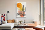 Saguaro cactus ink illustration with orange and gold watercolor washes, desert mixed-media wall art for living room