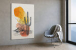 Saguaro cactus ink illustration with orange and gold watercolor washes, desert mixed-media wall art for living room