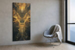 Front-facing golden dragon with horns and glowing filigree tendrils, dramatic dark fantasy wall art canvas for home office