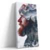 Bearded man's profile blended with snowy mountains, wolves and pine forest in deep red and charcoal digital art canvas