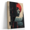 Woman's profile with vivid red halo and black geometric panels, moody mixed-media portrait canvas for living room