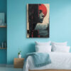Woman's profile with vivid red halo and black geometric panels, moody mixed-media portrait canvas for living room