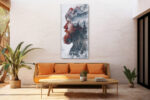 Bearded man's profile blended with snowy mountains, wolves and pine forest in deep red and charcoal digital art canvas