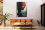 Woman's profile with vivid red halo and black geometric panels, moody mixed-media portrait canvas for living room