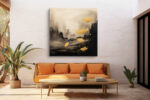 Golden ginkgo leaves on ink-wash landscape, earthy and gold tones, japandi botanical canvas print for bedroom