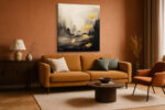 Golden ginkgo leaves on ink-wash landscape, earthy and gold tones, japandi botanical canvas print for bedroom