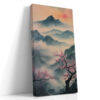 Cherry blossom trees and misty mountain peaks in pink and slate blue, japandi ink-wash canvas art for bedroom