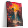 Waterfall beneath a full moon flanked by crimson autumn trees, mixed-media drip-paint canvas for living room or bedroom