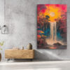 Waterfall beneath a full moon flanked by crimson autumn trees, mixed-media drip-paint canvas for living room or bedroom