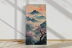 Cherry blossom trees and misty mountain peaks in pink and slate blue, japandi ink-wash canvas art for bedroom