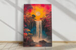 Waterfall beneath a full moon flanked by crimson autumn trees, mixed-media drip-paint canvas for living room or bedroom