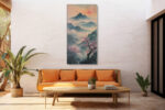 Cherry blossom trees and misty mountain peaks in pink and slate blue, japandi ink-wash canvas art for bedroom