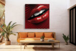 Extreme close-up of glossy red lips amid swirling red and black stripes, bold digital art canvas for living room
