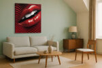 Extreme close-up of glossy red lips amid swirling red and black stripes, bold digital art canvas for living room