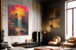 Waterfall beneath a full moon flanked by crimson autumn trees, mixed-media drip-paint canvas for living room or bedroom