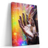 Open palm with rainbow prismatic light and glitter strands, surreal portrait photography canvas for living room