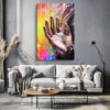 Open palm with rainbow prismatic light and glitter strands, surreal portrait photography canvas for living room