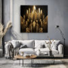 Symmetrical gilded geometric spires on near-black ground, art deco digital art canvas for living room or hallway