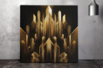 Symmetrical gilded geometric spires on near-black ground, art deco digital art canvas for living room or hallway