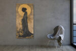 Female silhouette in golden amber and near-black, Japanese-inspired mixed media portrait canvas for bedroom or living room