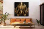 Symmetrical gilded geometric spires on near-black ground, art deco digital art canvas for living room or hallway