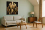 Symmetrical gilded geometric spires on near-black ground, art deco digital art canvas for living room or hallway
