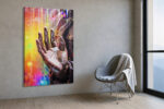 Open palm with rainbow prismatic light and glitter strands, surreal portrait photography canvas for living room