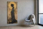 Female silhouette in golden amber and near-black, Japanese-inspired mixed media portrait canvas for bedroom or living room