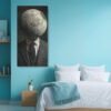 Moon sphere replacing a suited figure's head in dark surrealist digital art, portrait canvas for a home office or living room