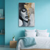 Woman's face with gold impasto brushwork, monochrome and warm gold mixed-media portrait canvas for bedroom or living room