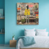 Standing figure in bright yellow jacket against collaged newspaper wall, bold mixed-media urban street art canvas print