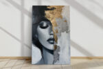 Woman's face with gold impasto brushwork, monochrome and warm gold mixed-media portrait canvas for bedroom or living room