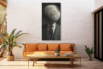 Moon sphere replacing a suited figure's head in dark surrealist digital art, portrait canvas for a home office or living room