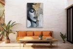 Woman's face with gold impasto brushwork, monochrome and warm gold mixed-media portrait canvas for bedroom or living room