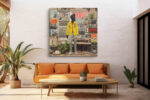 Standing figure in bright yellow jacket against collaged newspaper wall, bold mixed-media urban street art canvas print