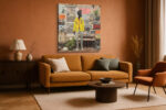 Standing figure in bright yellow jacket against collaged newspaper wall, bold mixed-media urban street art canvas print