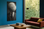 Moon sphere replacing a suited figure's head in dark surrealist digital art, portrait canvas for a home office or living room