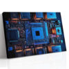 Top-down motherboard and CPU circuit board in electric blue and burnt orange, bold digital art canvas for home office