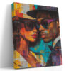 Two overlapping portrait faces in vivid teal, amber and red geometric acrylic style, bold contemporary wall art canvas