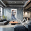 Hyperrealistic cyborg female portrait in steel blue-grey and auburn, bold digital art canvas for living room or home office