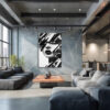 Monochrome portrait with eye mask and shattered photographic strip collage, bold black and white wall art canvas