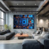 Top-down motherboard and CPU circuit board in electric blue and burnt orange, bold digital art canvas for home office