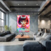 Female figure with blunt bob and polka-dot top framed by neon concentric halos, vibrant digital art canvas print