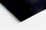Top-down motherboard and CPU circuit board in electric blue and burnt orange, bold digital art canvas for home office