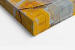 Two overlapping portrait faces in vivid teal, amber and red geometric acrylic style, bold contemporary wall art canvas