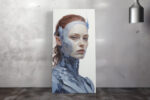 Hyperrealistic cyborg female portrait in steel blue-grey and auburn, bold digital art canvas for living room or home office