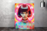 Female figure with blunt bob and polka-dot top framed by neon concentric halos, vibrant digital art canvas print