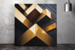 Gold metallic intersecting architectural beams, dramatic chiaroscuro, art deco contemporary wall art canvas for living room